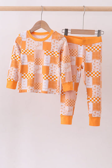 Orange floral checkered long sleeve bamboo pajama set
