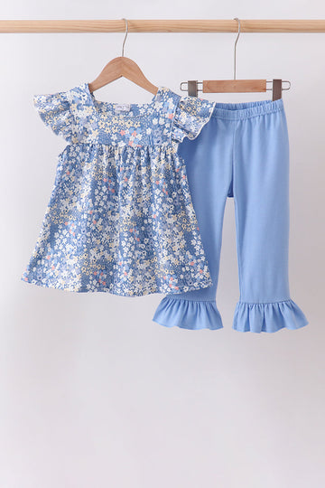 Blue Floral Print Ruffle Pants Set