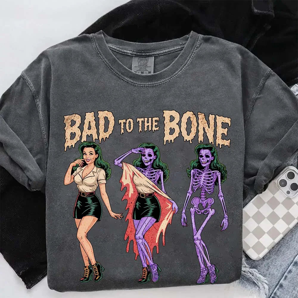 Bad To The Bone Comfort Colors Vintage Shirt - Skeleton Halloween Girl T-shirt