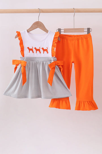 Orange embroidery stripe ruffle pants set