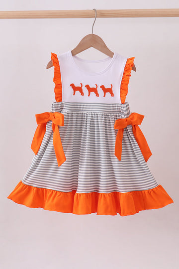Orange embroidery stripe ruffle dress