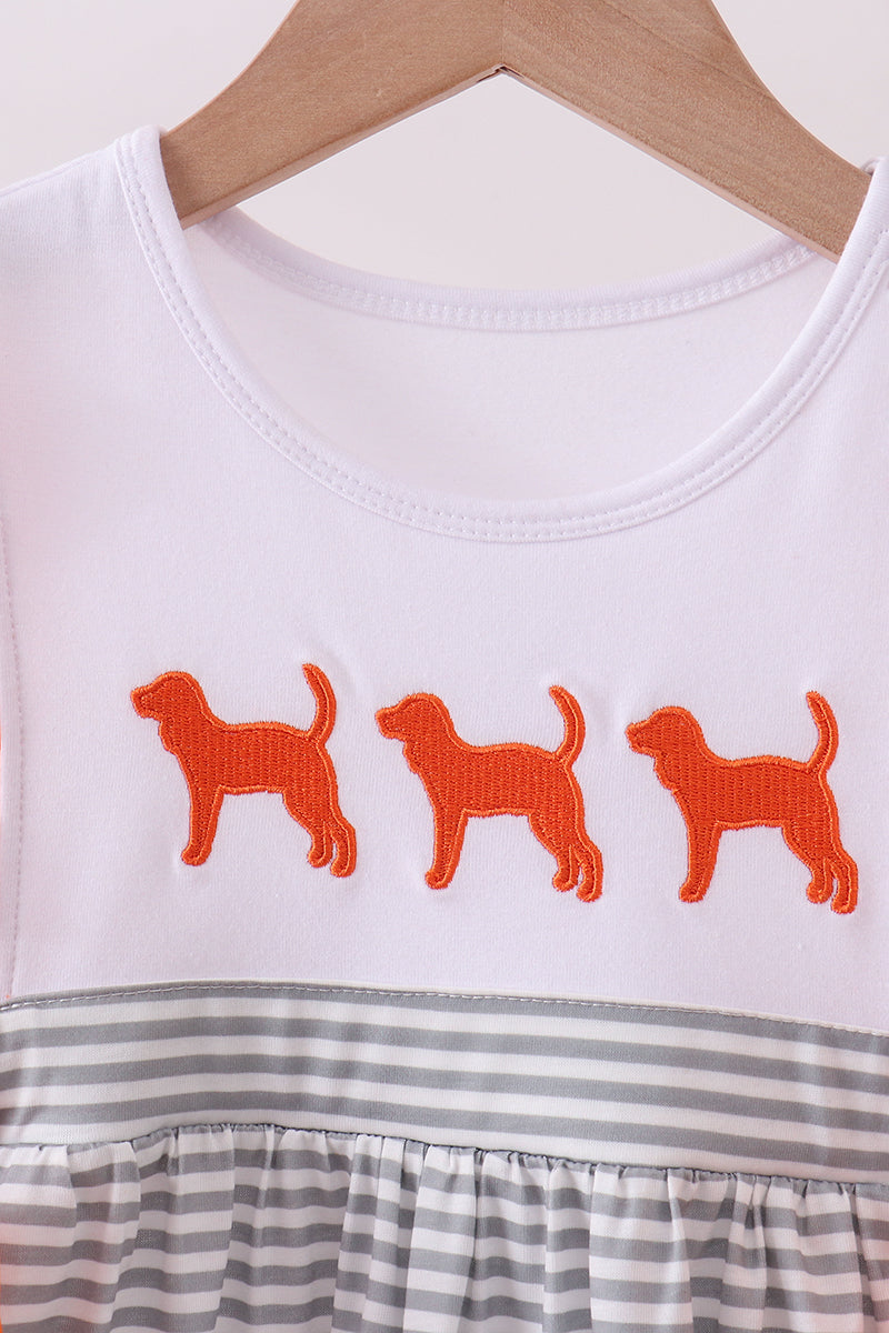 Orange embroidery stripe ruffle dress