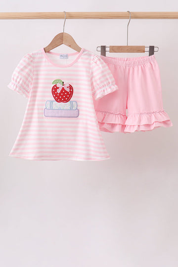 Pink Stripe Apple Book Appliqué Ruffle Set